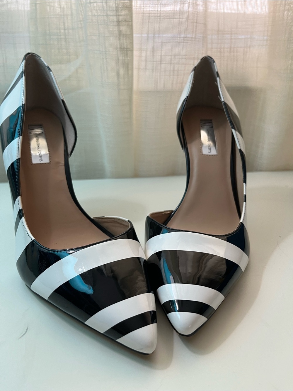 INC Black & White Striped Patent Pointed-Toe Women's Pumps